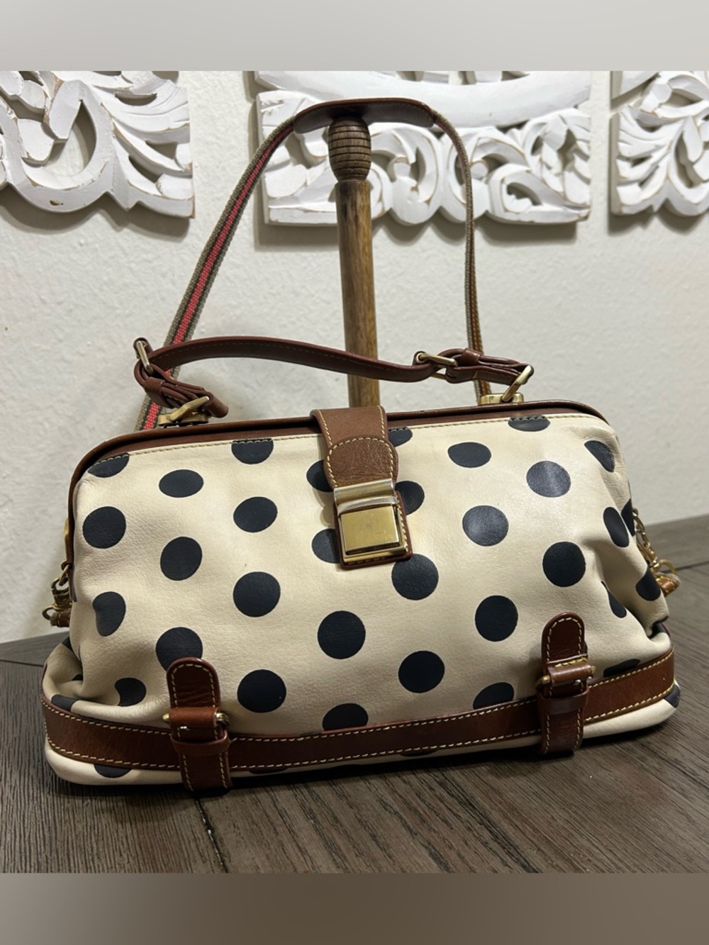HOLDING HORSES Cream and Black Polka Dot Top-Handle Satchel with Brown Trim